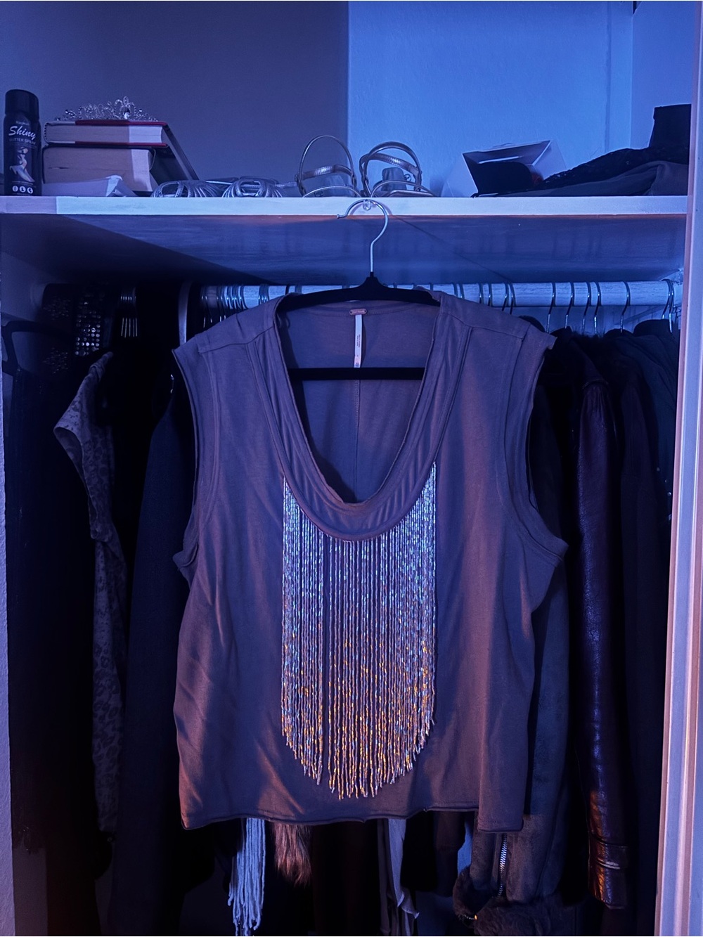 Free People Gray Tank Top with Iridescent Beaded Fringe